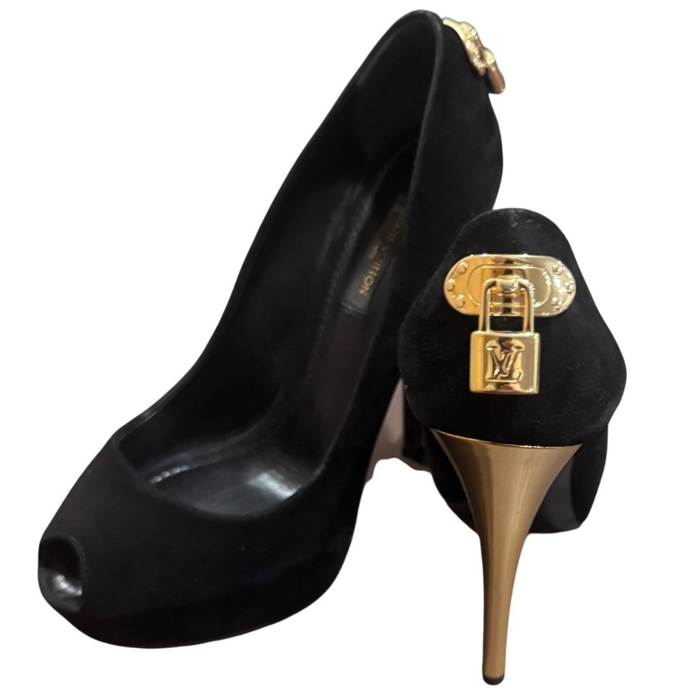Louis Vuitton Oh Really Black Suede Gold Heel Peep Toe Platform Pumps Size‎ 37